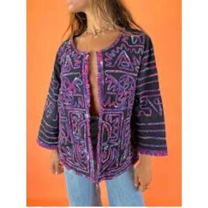 Choices Ruffle Casual Blazer Jacket MEDIUM 100% Cotton Black Purple Teal Fringe